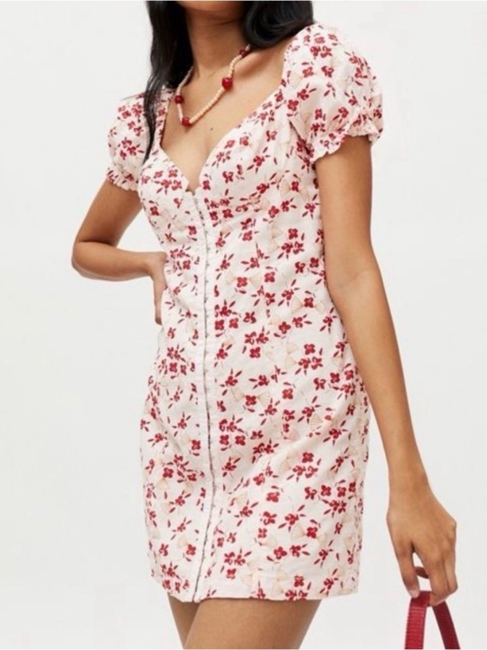 Urban Outfitters Britney Hook & Eye Cream & Red Floral Cotton Mini Dress Medium